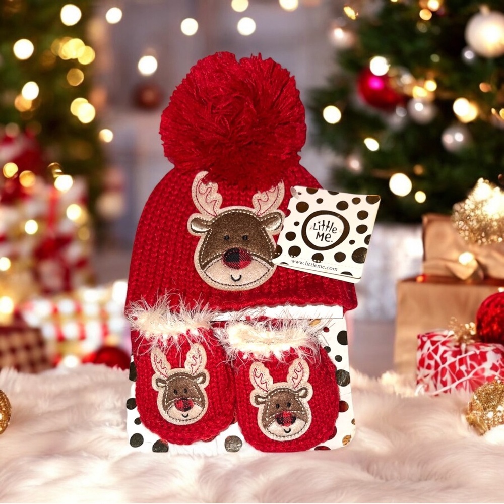 Little Me Baby Holiday Hat Booties Set Reindeer Red Buffalo Plaid Nose 0 6 Month